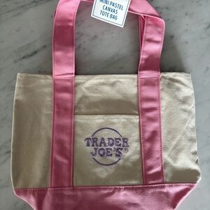 Trade Joe's mini canvas tote bag (pink) with Purple Trader Joe's logo